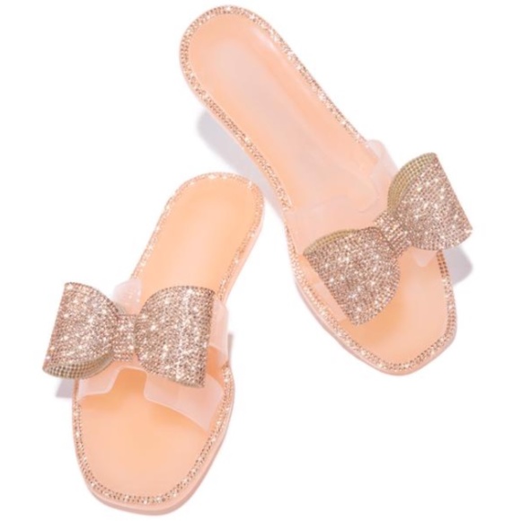 Shoes - Embellished Bow Jelly Sandals in Nude/Rose Gold